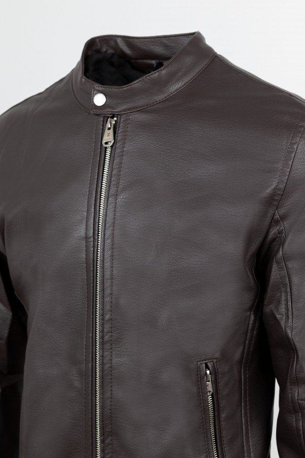 Men's Dark Brown Eco-Leather Jacket with detachable Hood