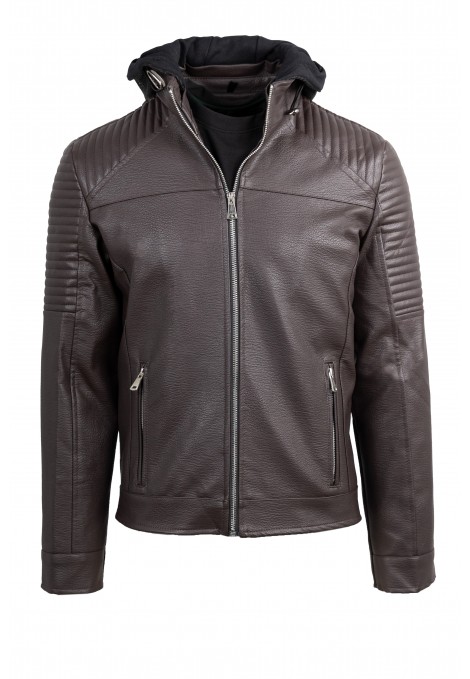 Ανδρικό Σκούρο Καφέ Μπουφάν από Οικολογικό Δέρμα με αποσπώμενη Κουκούλα