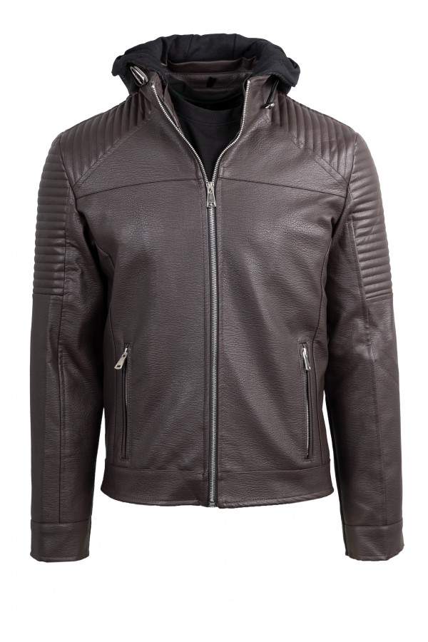 Ανδρικό Σκούρο Καφέ Μπουφάν από Οικολογικό Δέρμα με αποσπώμενη Κουκούλα