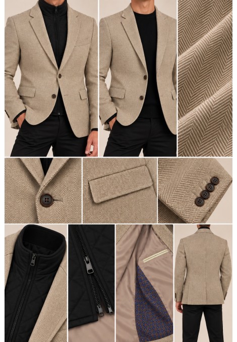 Men’s Beige Blazer with Detachable Quilted Piece