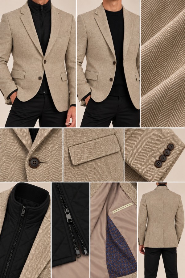 Men’s Beige Blazer with Detachable Quilted Piece