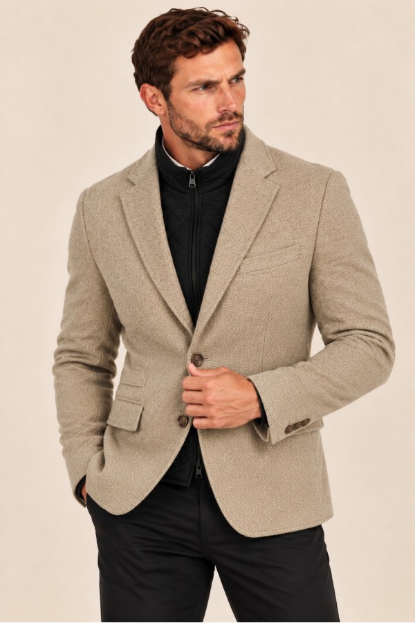 Men’s Beige Blazer with Detachable Quilted Piece
