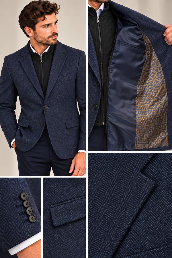 Men’s Blue Blazer with Detachable Quilted Piece